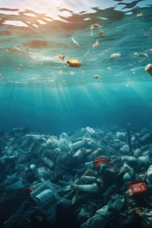 trash underwater in the ocean. problem of pollution and ecology of the sea